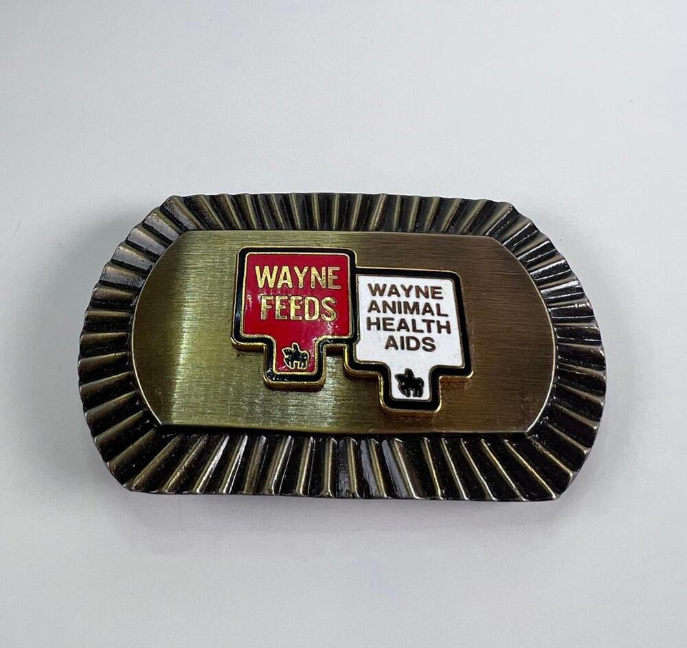 Vintage Brass Enamel Belt Buckle Wayne Feeds Animal Health Aids Farm Country